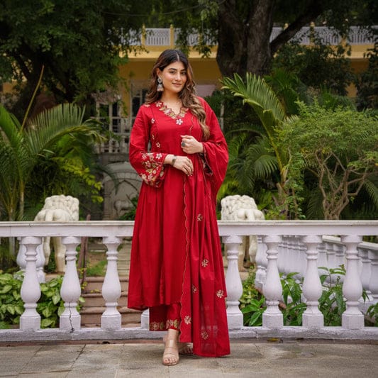 Red Embroidered Anarkali Kurta Pant Set With Dupatta For Women