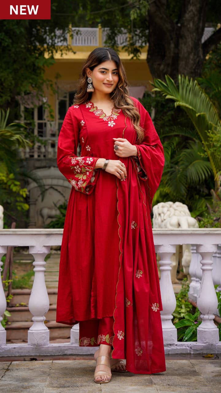 Red Embroidered Anarkali Kurta Pant Set With Dupatta For Women