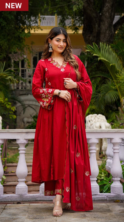 Red Embroidered Anarkali Kurta Pant Set With Dupatta For Women