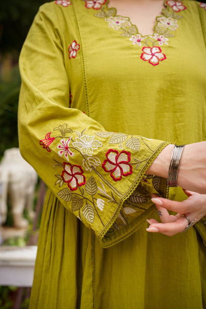 Lime Green Embroidered Anarkali Kurta Pant Set With Dupatta For Women