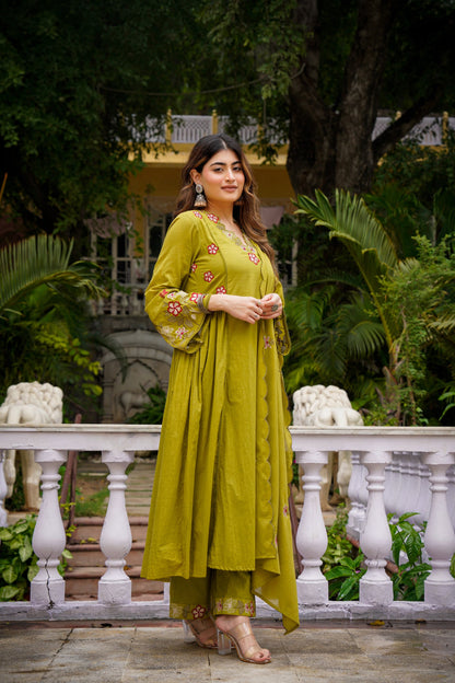 Lime Green Embroidered Anarkali Kurta Pant Set With Dupatta For Women