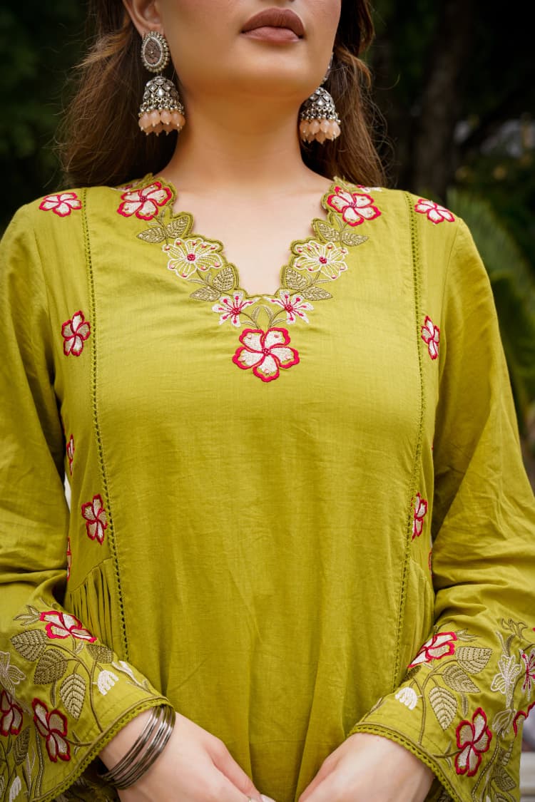 Lime Green Embroidered Anarkali Kurta Pant Set With Dupatta For Women