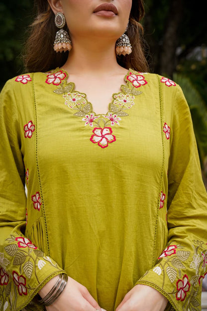 Lime Green Embroidered Anarkali Kurta Pant Set With Dupatta For Women