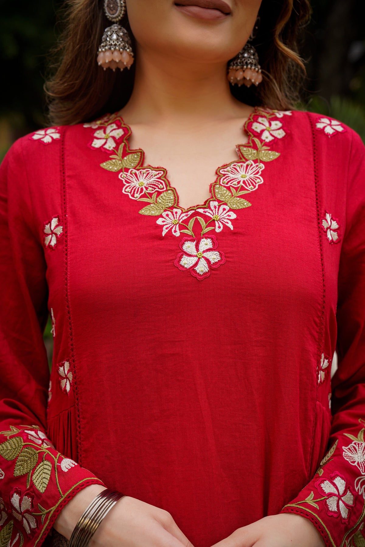 Red Embroidered Anarkali Kurta Pant Set With Dupatta For Women