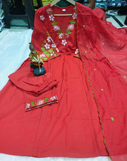 Red Embroidered Anarkali Kurta Pant Set With Dupatta For Women