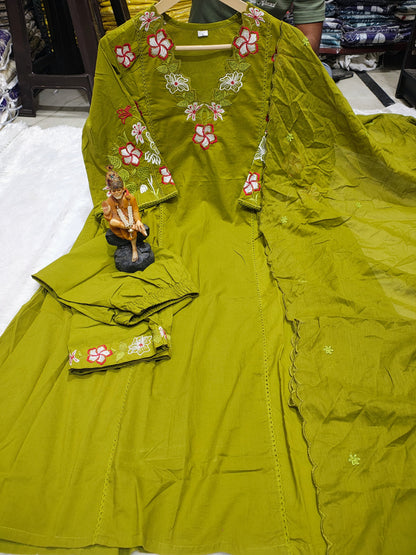Lime Green Embroidered Anarkali Kurta Pant Set With Dupatta For Women