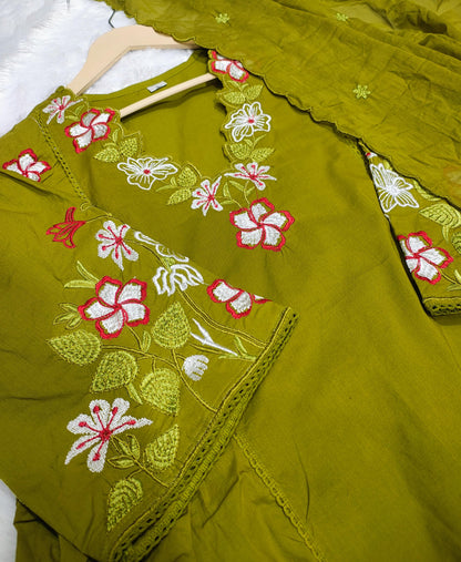 Lime Green Embroidered Anarkali Kurta Pant Set With Dupatta For Women