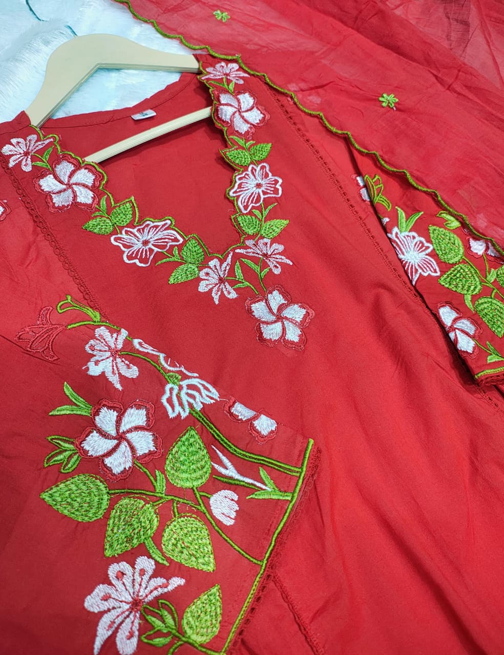 Red Embroidered Anarkali Kurta Pant Set With Dupatta For Women