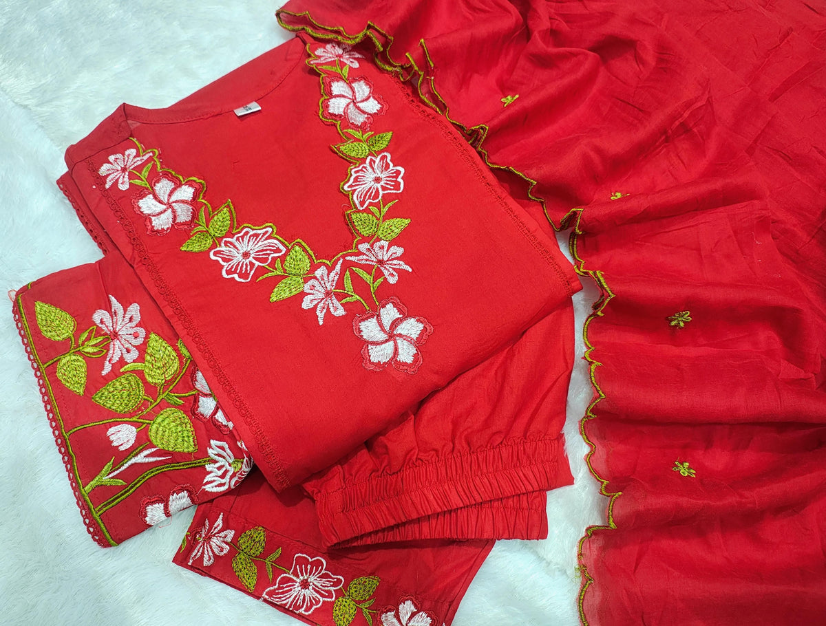 Red Embroidered Anarkali Kurta Pant Set With Dupatta For Women