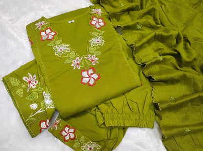 Lime Green Embroidered Anarkali Kurta Pant Set With Dupatta For Women