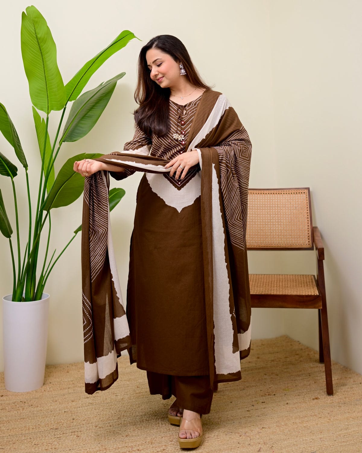 Mocha Touch Bandhej Cotton Kurta Set with Dupatta