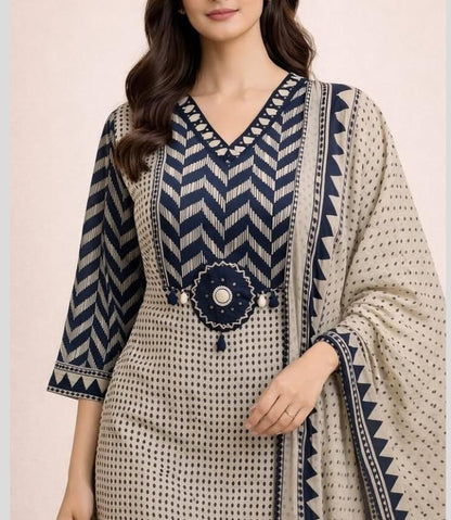 Beige Black A-Line kurta with dupatta set
