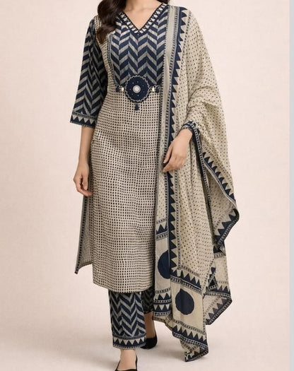 Beige Black A-Line kurta with dupatta set