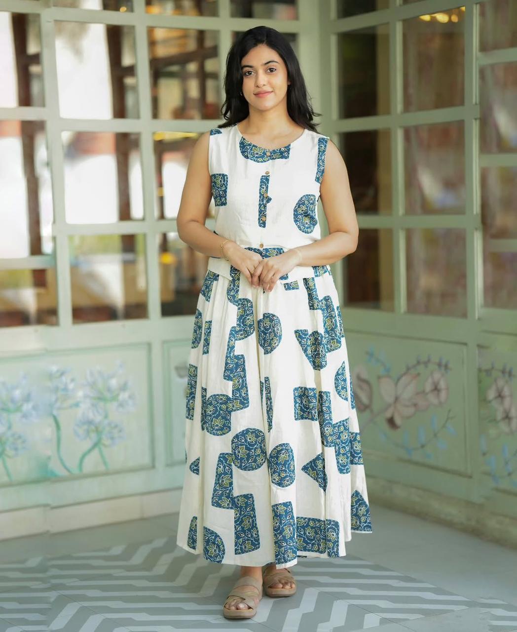Women's White Cotton Top with Floral Long Skirt