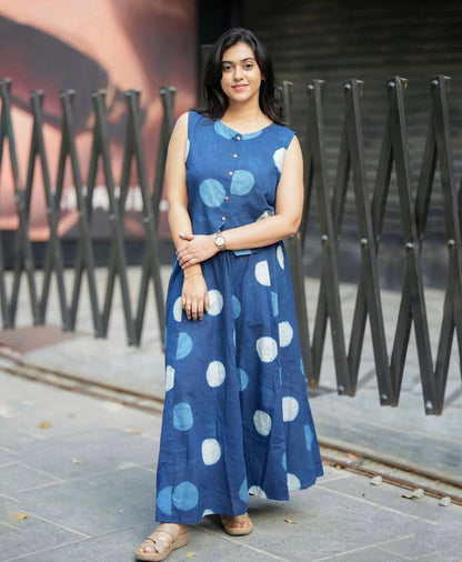 Women's Blue Cotton Top with Floral Long Skirt