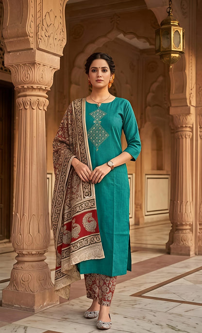 Persian Green Embroidered Cotton Suit with Dupatta