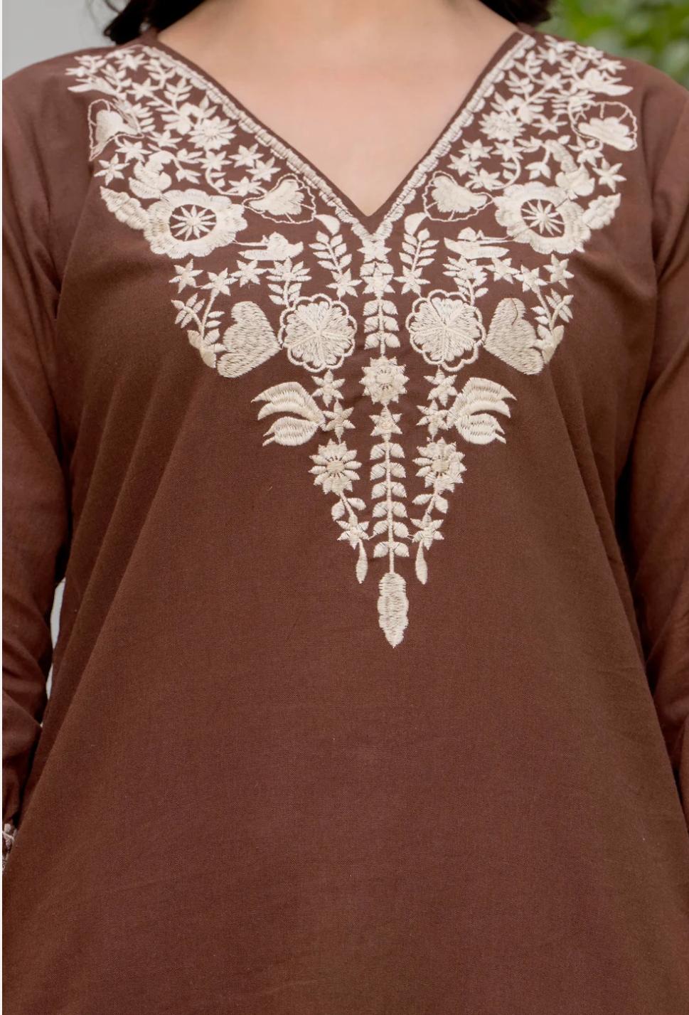 Brown Embroidered Cotton Kurta with dupatta set