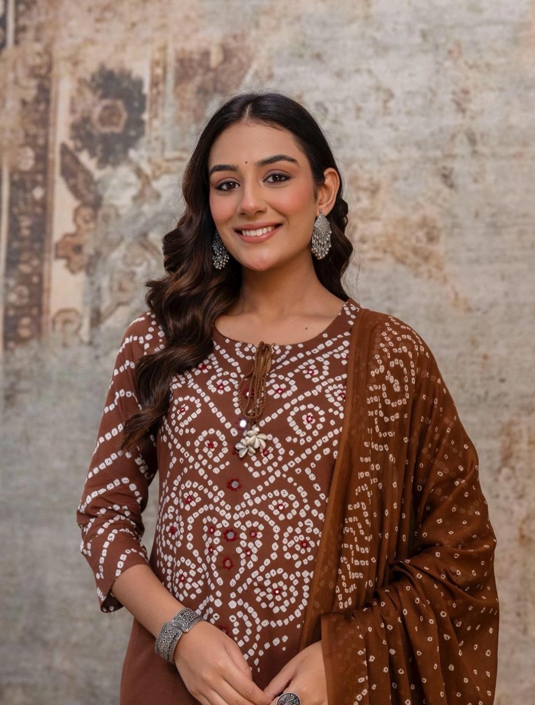 Women's Brown Bandhani printed kurta set