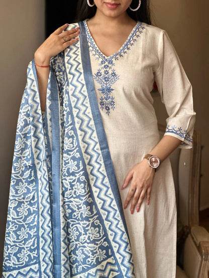 Libas White Cotton Suit with Blue Embroidery and Printed Dupatta