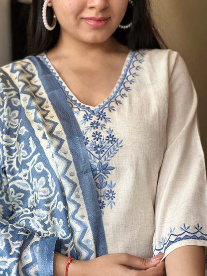 Libas White Cotton Suit with Blue Embroidery and Printed Dupatta