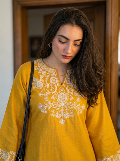Yellow Cotton Embroidered Kurta Set with Palazzo Pants