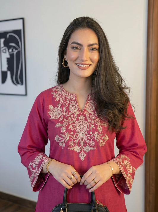 Pink Cotton Embroidered Kurta Set with Palazzo Pants