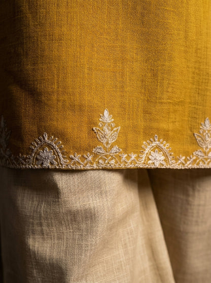 Yellow Cotton Embroidered Kurta Set with Palazzo Pants