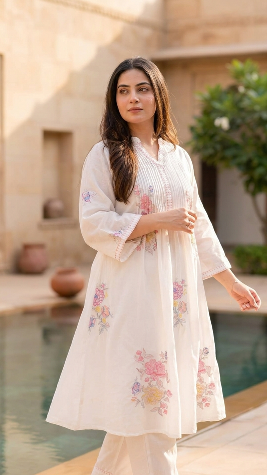 Women's Ivory Cotton Kurti & pant set