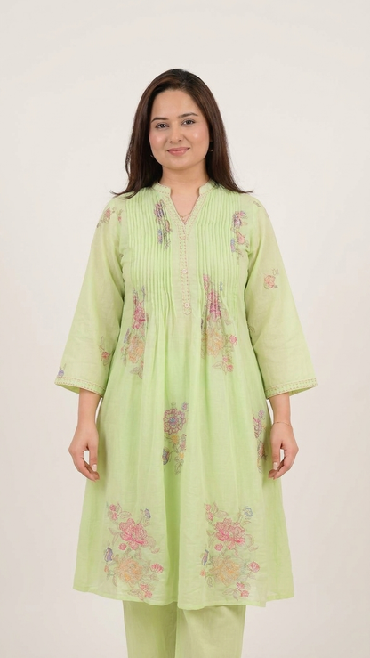 Pastel green cotton kurta set with pants