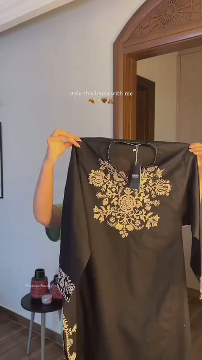 Black Embroidered Cotton Kurta Set With Palazzo Pants for Women