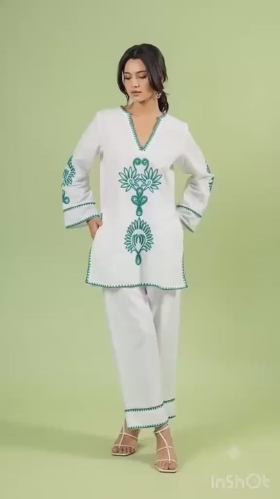 White & Teal Floral Embroidered Co-Ord Kurta Set