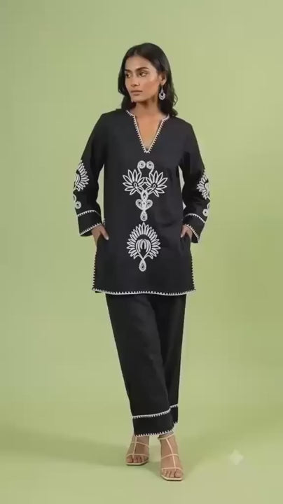 Black Floral Embroidered Co-Ord Kurta Set