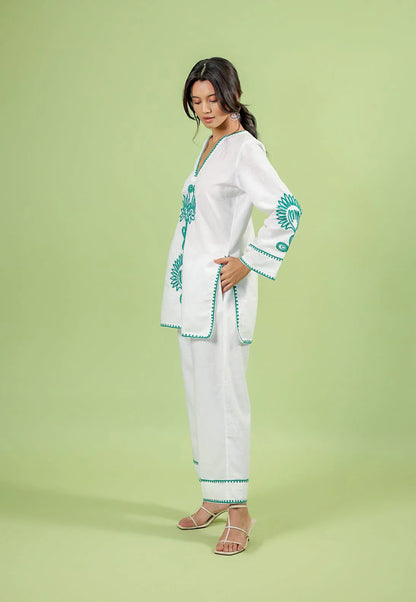 White & Teal Floral Embroidered Co-Ord Kurta Set