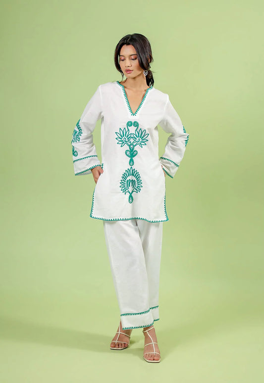 White & Teal Floral Embroidered Co-Ord Kurta Set